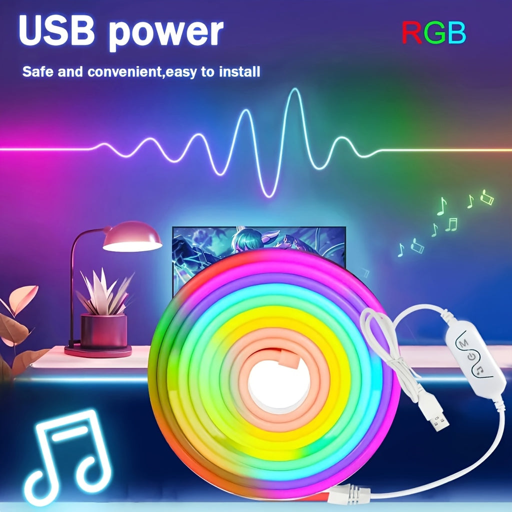 USB供电霓虹灯，按钮控制光模式，RGB灯带，可DIY，音乐模式下灯光可随节奏变化，适合派对、游戏或放松使用。