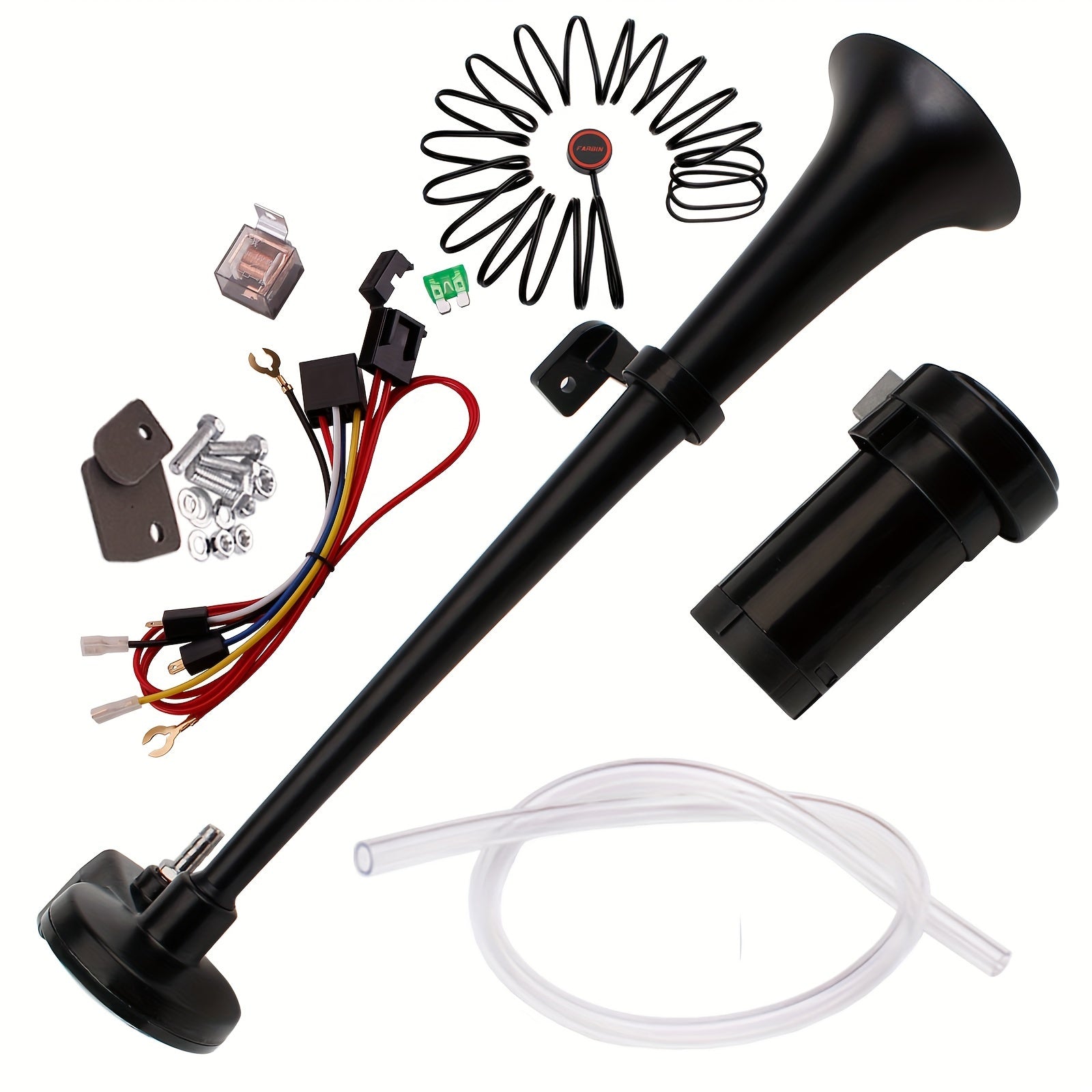 ALLREY 12V Air Horn Kit, Super Loud 18 Inch Single Horn Truck Horn, Train Horn with Compressor, Fits Any 12V Vehicle, Silver Black Button