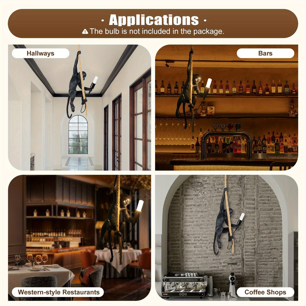 Lightweight Hanging Decor, Monkey Pendant Light, Vintage Resin Monkey-Shaped Pendant Light, Creative Jute Rope Hanging Fixture, Suitable for Dining Room, Living Room, Bar, Cafe