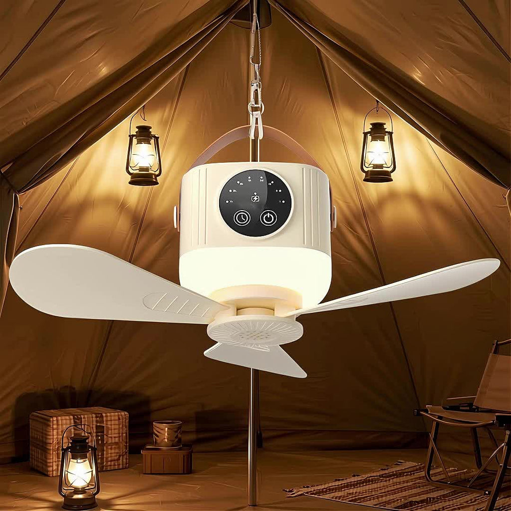 1 Pack Rechargeable Camping Fan Light, 3 Warm Light Modes, Outdoor Patio &amp; Indoor Bedroom Bedside Lamp, Hanging/Stand Mountable, Multi-Function Camping Light with Fan, Remote Control, Ideal for Summer, RV, Truck, Roof Tent, Travel and Camping