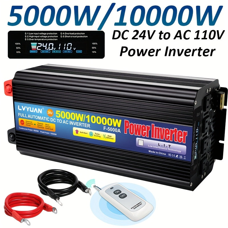LVYUAN 5000W/10000W（峰值）汽车电源逆变器，12V/24V转110V带4个交流插座，LCD显示屏，3.1A USB车载适配器，适用于汽车、房车、卡车、离网太阳能系统、智能手机、笔记本电脑、户外露营