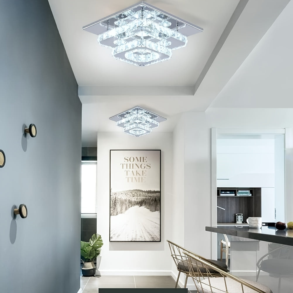 Crystal ceiling light square chandelier modern LED recessed two-layer ceiling light lighting fixture suitable for dining room living room bedroom kitchen hallway hall (cool white light)