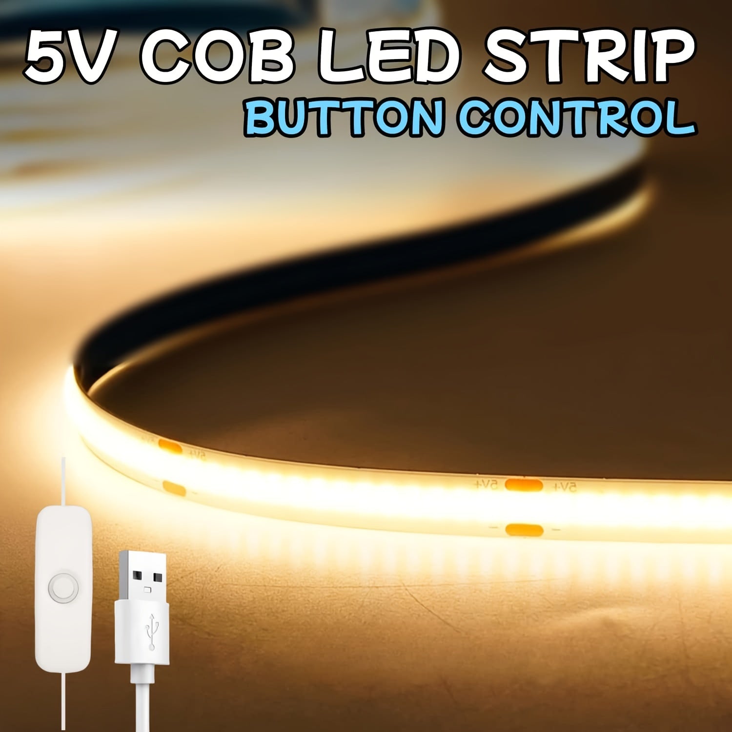 1个按键控制DC5V LED灯带 COB，带USB电源，柔性可裁剪粘性灯带，非常适合酒吧、展览馆、直播餐厅、派对、各种宴会展示和咖啡馆装饰
