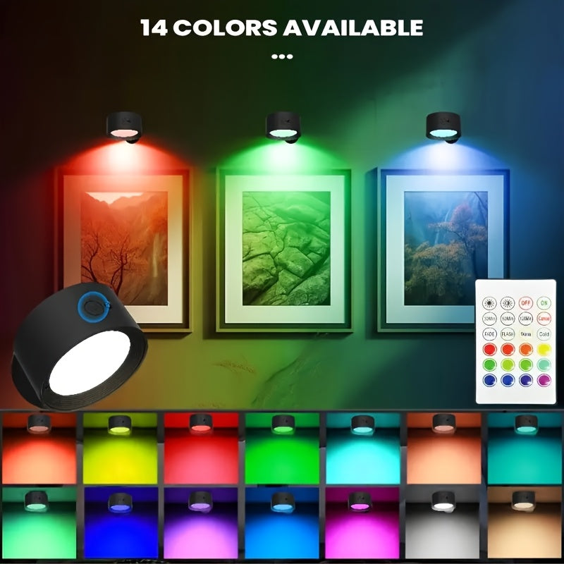 Smart RGB Ambient Wall Light, Remote and Touch Dimming, 12 Colors and 6 Brightness Levels, Rechargeable Magnetic 360° Rotation, Cordless Lighting for Living Room, Bedside, Hallway (Remote Control Battery Not Included)