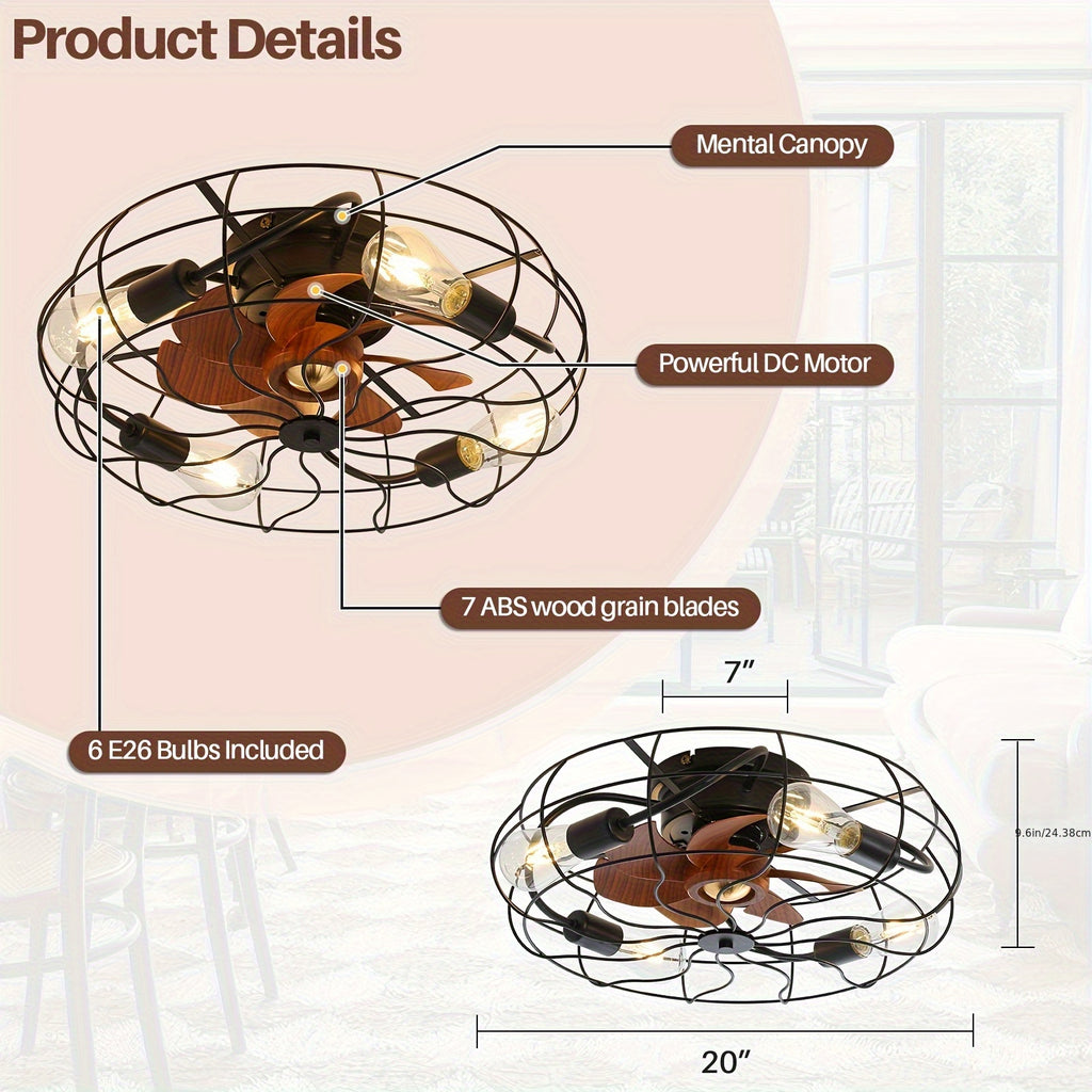 Sofucor 20" Industrial Black Recessed Cage Ceiling Fan, Indoor & Outdoor Use, Equipped with 7 ABS Blades and 4 E26 Bulb Sockets, Ideal for Living Rooms, Patios & Bedrooms