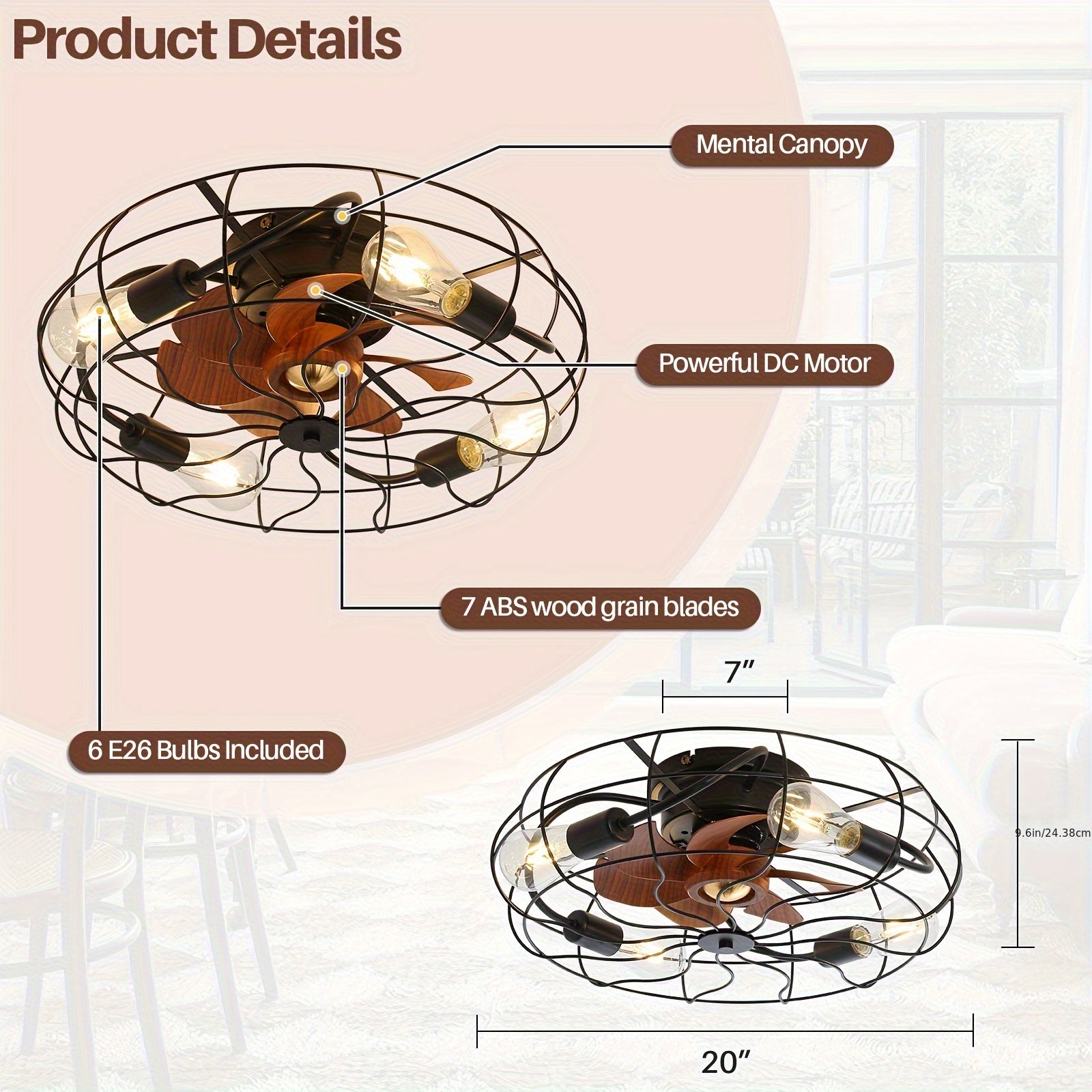 Sofucor 20" Industrial Black Recessed Cage Ceiling Fan, Indoor & Outdoor Use, Equipped with 7 ABS Blades and 4 E26 Bulb Sockets, Ideal for Living Rooms, Patios & Bedrooms