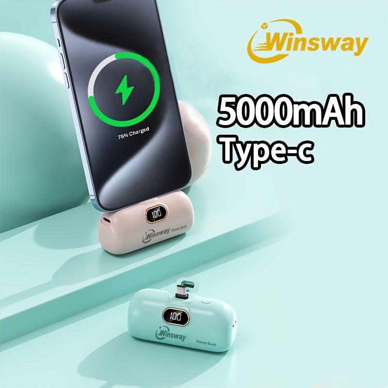 Winsway 5000mAh Type-C Mini Power Bank, LED Digital Display Screen, Lipstick Size Portable, Upgraded Interface Anti Shake And Not Easy To Fall Off, Used For Phone 17/16/15/Android Phones To Give Girlfriends High-end And Exquisite Items