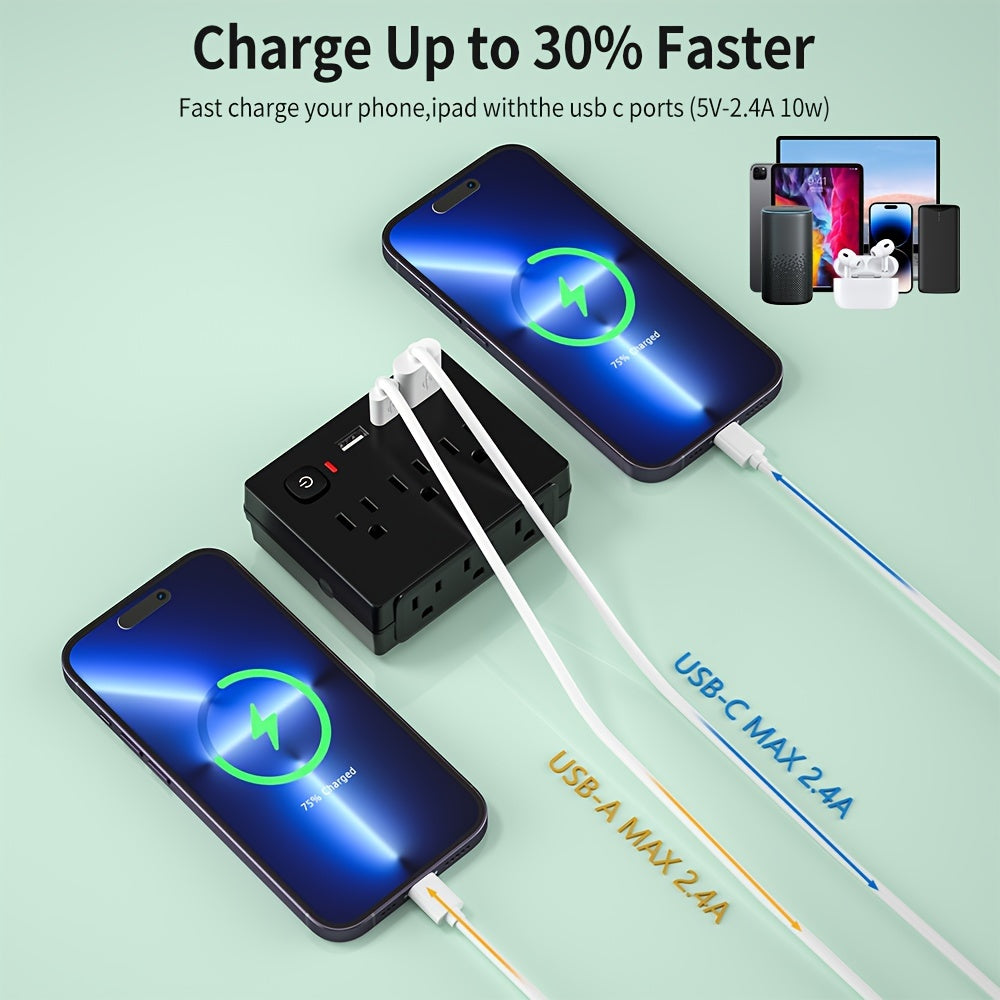 Black US-spec Power Outlet With 6 AC Outputs Plus 2 USB-A And 1 USB-C Ports, Featuring A Compact, Mini, And Portable Design. It Comes With Overload Protection, A Power-off Switch, Safeguard Mechanisms, And Is A 9-in-1 Multifunctional Power Strip
