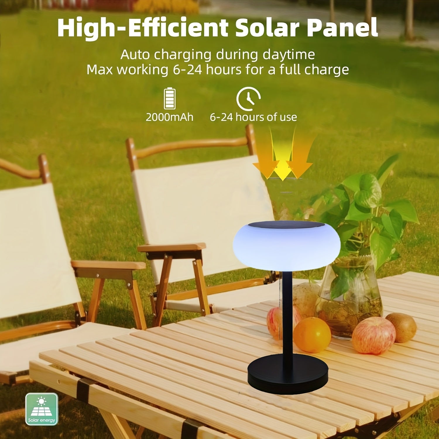A rechargeable table lamp with smart remote control and dusk-to-dawn activation sensor. This wireless bedside lamp can be powered by solar energy and offers adjustable brightness, perfect for camping.