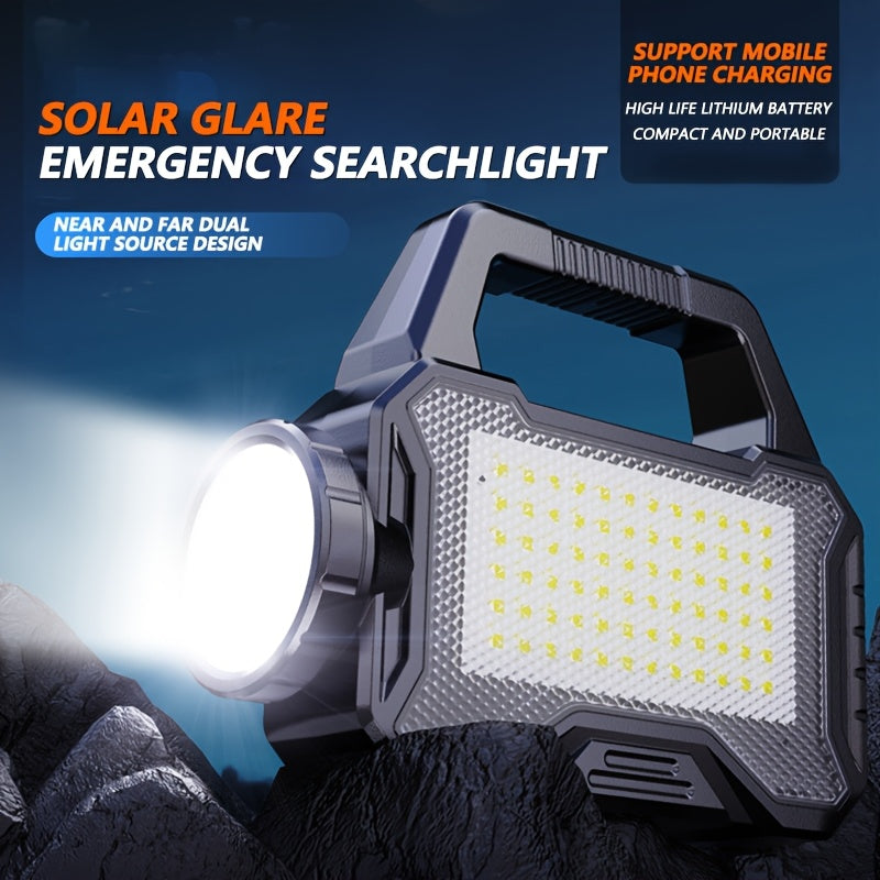 One Rechargeable Portable Solar Flashlight, Multi-Functional Handheld Light, Emergency Flashlight, Rechargeable, Can Be Used as a Power Bank for Mobile Phones, Ideal for Camping & Fishing