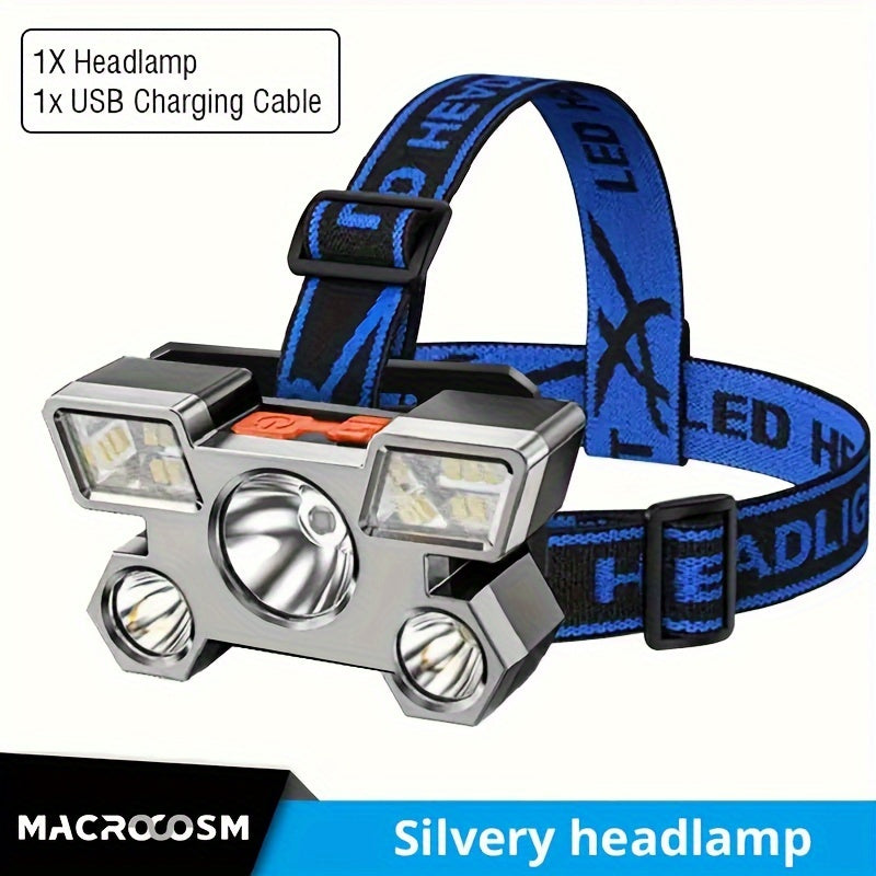 Rechargeable 5-LED Headlamp, Built-in Battery, Home Night Light, 4 Modes, Portable Flashlight, Lightweight USB Headlamp, Small Light for Camping, Fishing & Hiking