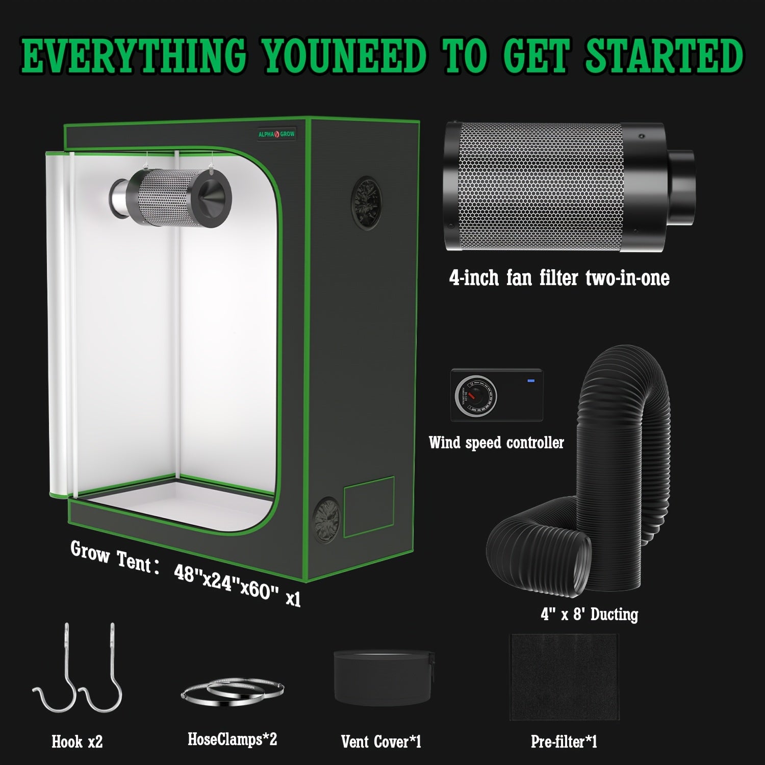 1800D Material 48x24x60 Inch (≈4x2 Ft) Hydroponic Grow Tent, Optional Accessory Kit: 100W Dimmable LED Light, 8ft Ducting, 4"/6" Vents, Optional Standard Independent Fan & Filter Combo or New Integrated Fan-Filter Unit