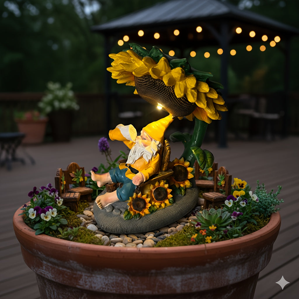 One Creative Solar Gnome Statue Light Under a Sunflower, Outdoor Whimsical Cozy Coffee-Drinking Old Gnome Christmas Ornament, Suitable for Garden Courtyard Miniature Landscape, Tabletop, Lawn, Flower Pot