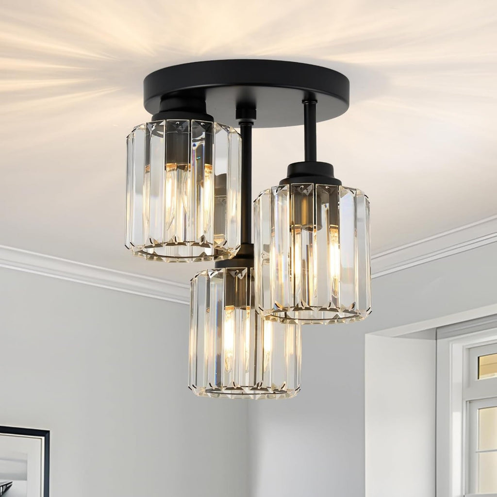 Modern semi-flush mount ceiling light, three-light crystal chandelier, E26 base pendant light, suitable for living room, dining room, bedroom, kitchen, hallway