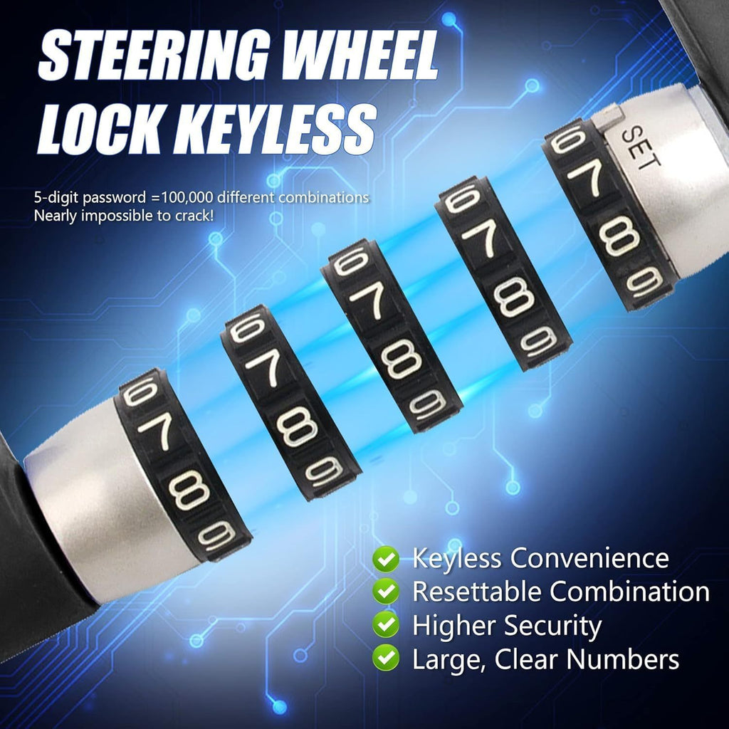 Steering Wheel Anti-Theft Lock – Vehicle Telescopic Heavy-Duty Security Lock, Keyless 5-Digit Combination Code, Universal Fit for Sedans, Trucks, Vans & SUVs (Includes One Pair of Gloves)