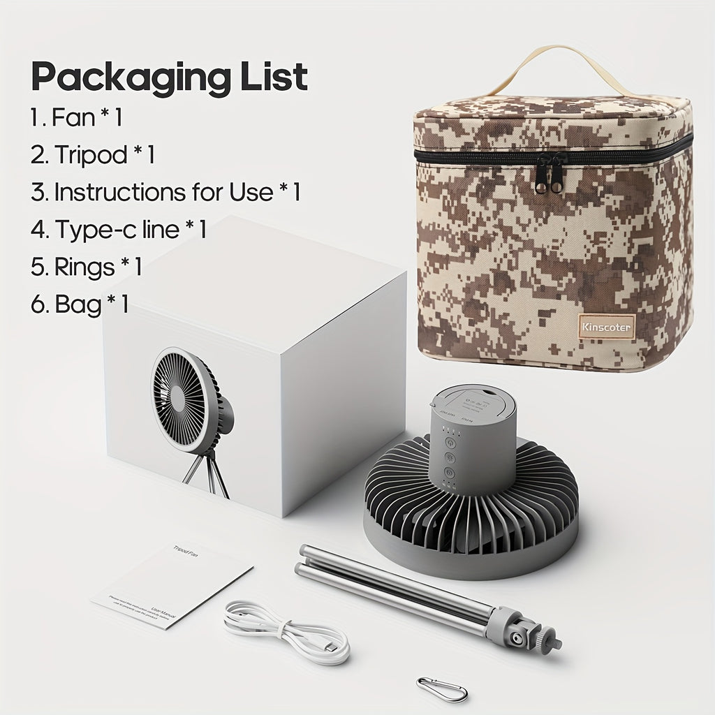 Outdoor Essential 10000mAh USB Rechargeable Camping Fan, Timing Portable LED Ceiling Camping Light Fan with Metal Tripod, Can Be Used as Power Bank, Suitable for Outdoor Camping Home Office, Equipped with Portable Storage Bag