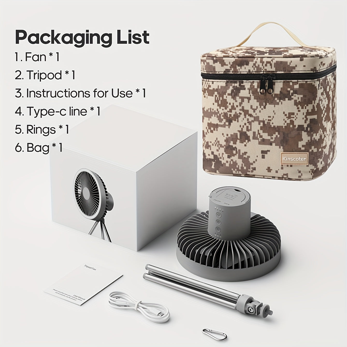 Outdoor Essential 10000mAh USB Rechargeable Camping Fan, Timing Portable LED Ceiling Camping Light Fan with Metal Tripod, Can Be Used as Power Bank, Suitable for Outdoor Camping Home Office, Equipped with Portable Storage Bag