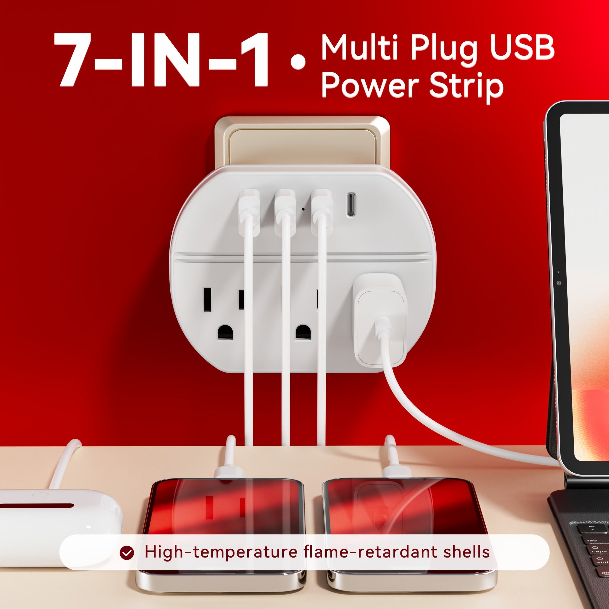 This Is a 7-In-1 Power Strip Featuring a USB Port, Three USB-A Ports, One USB-C Port, And Three AC Socket Outlets. It'S a Wall Socket That Is Portable And Ideal for Home, Office, And Travel Use. Available in White And Black
