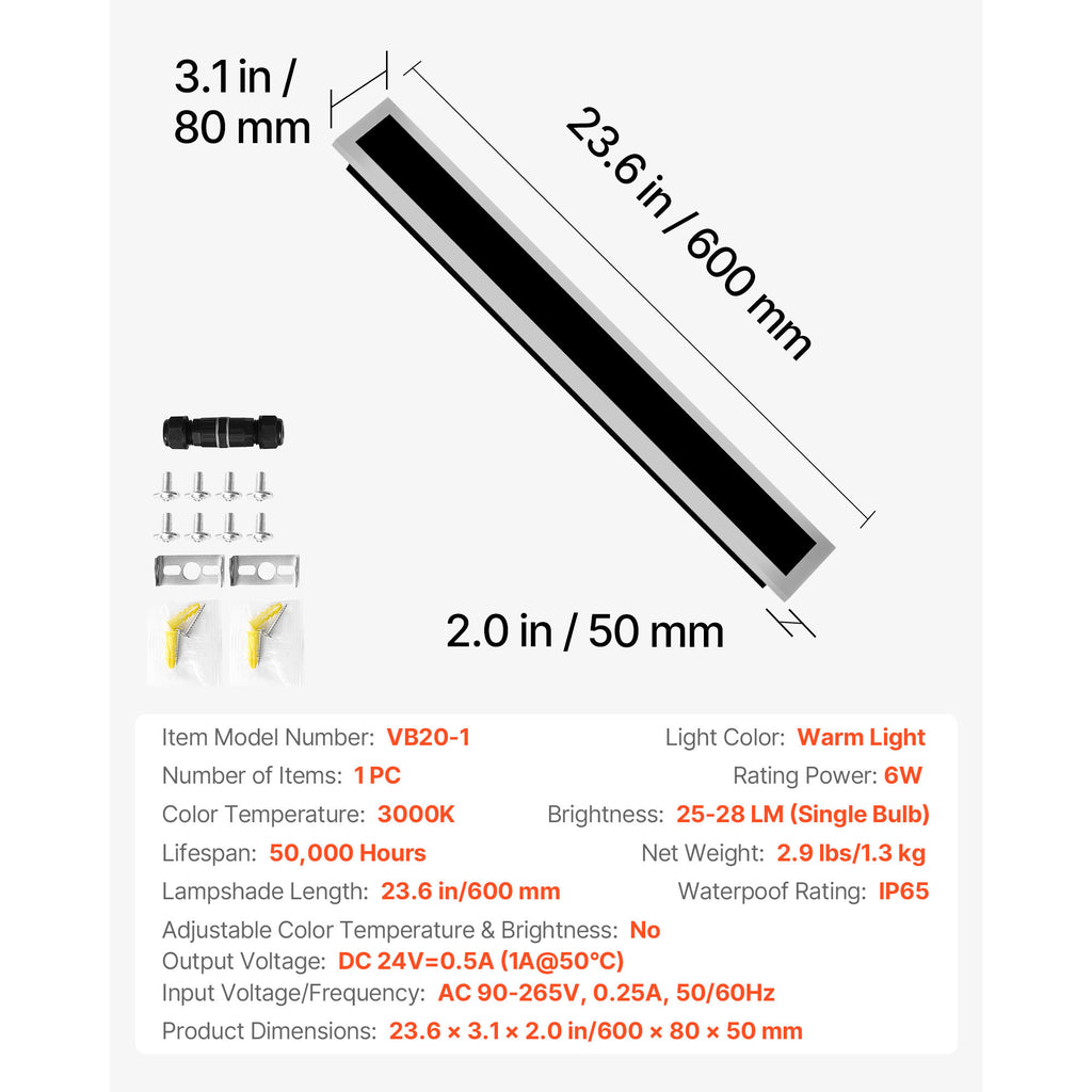 VEVOR Outdoor Wall Light, 1-Pack / 2-Pack, 23.6-Inch / 31.5-Inch / 39.4-Inch Long Strip Modern Exterior Wall Light, 3000K Warm White Light, Rust-Proof Outdoor Wall Mount Light, Suitable for House, Porch, Garage