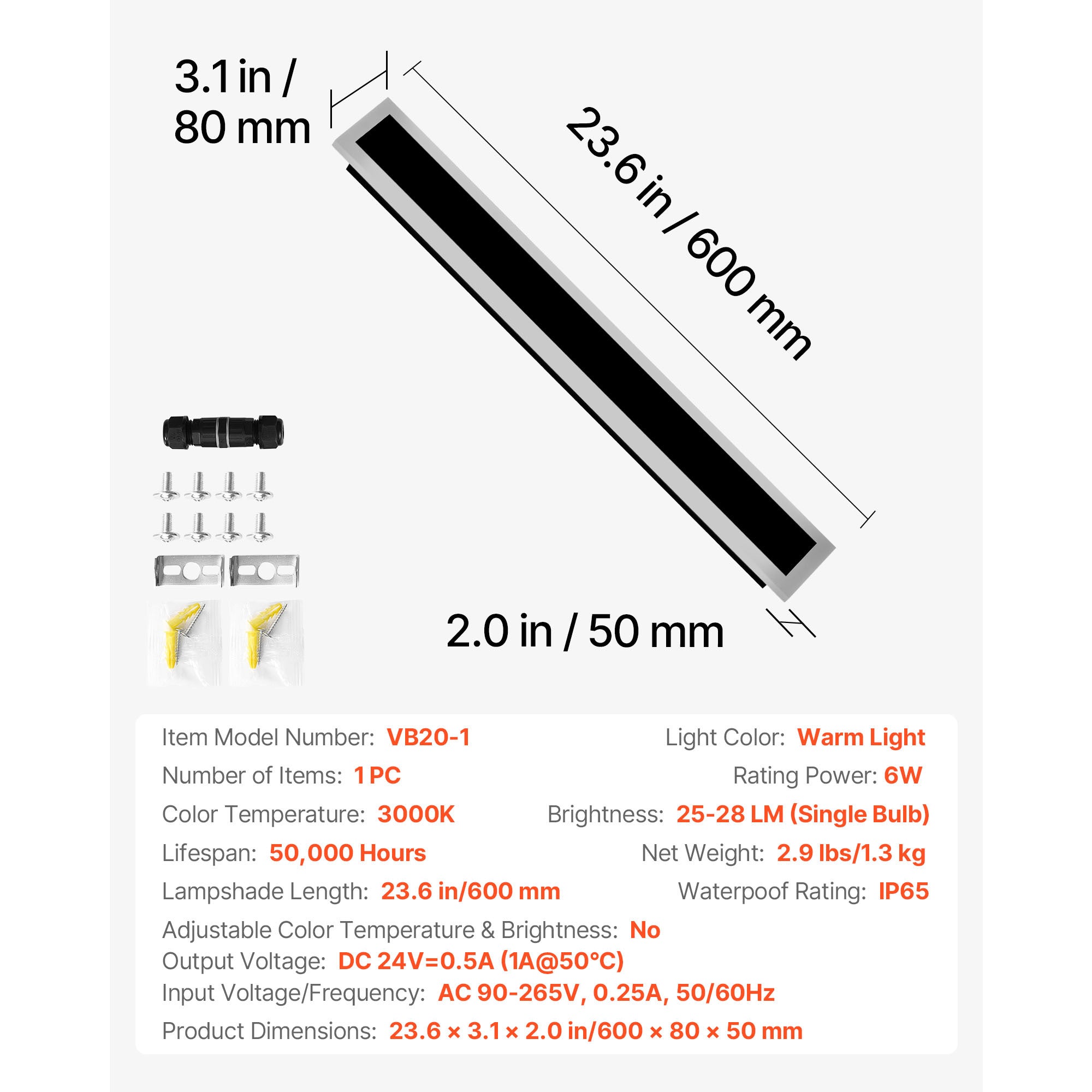 VEVOR Outdoor Wall Light, 1-Pack / 2-Pack, 23.6-Inch / 31.5-Inch / 39.4-Inch Long Strip Modern Exterior Wall Light, 3000K Warm White Light, Rust-Proof Outdoor Wall Mount Light, Suitable for House, Porch, Garage