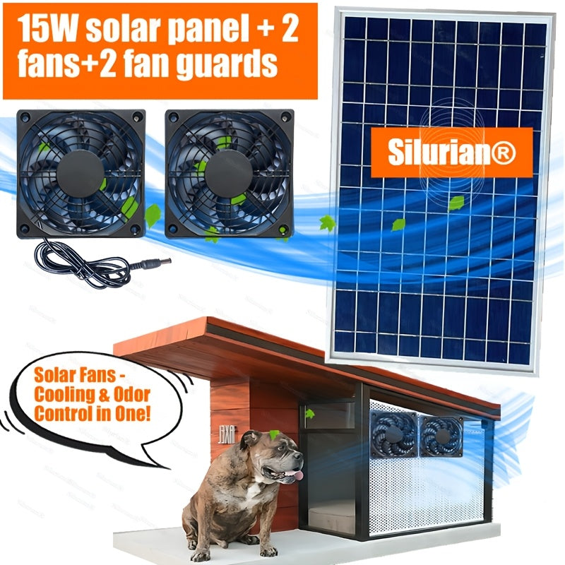 15W Solar Fan Kit in 2 Specifications: 15W Solar Panel + 1 Fan + 1 Fan Grill, and 15W Solar Panel + 2 Fans + 2 Fan Grills, Suitable for Courtyard, Flower Shed, Chicken Coop, Pet House and More