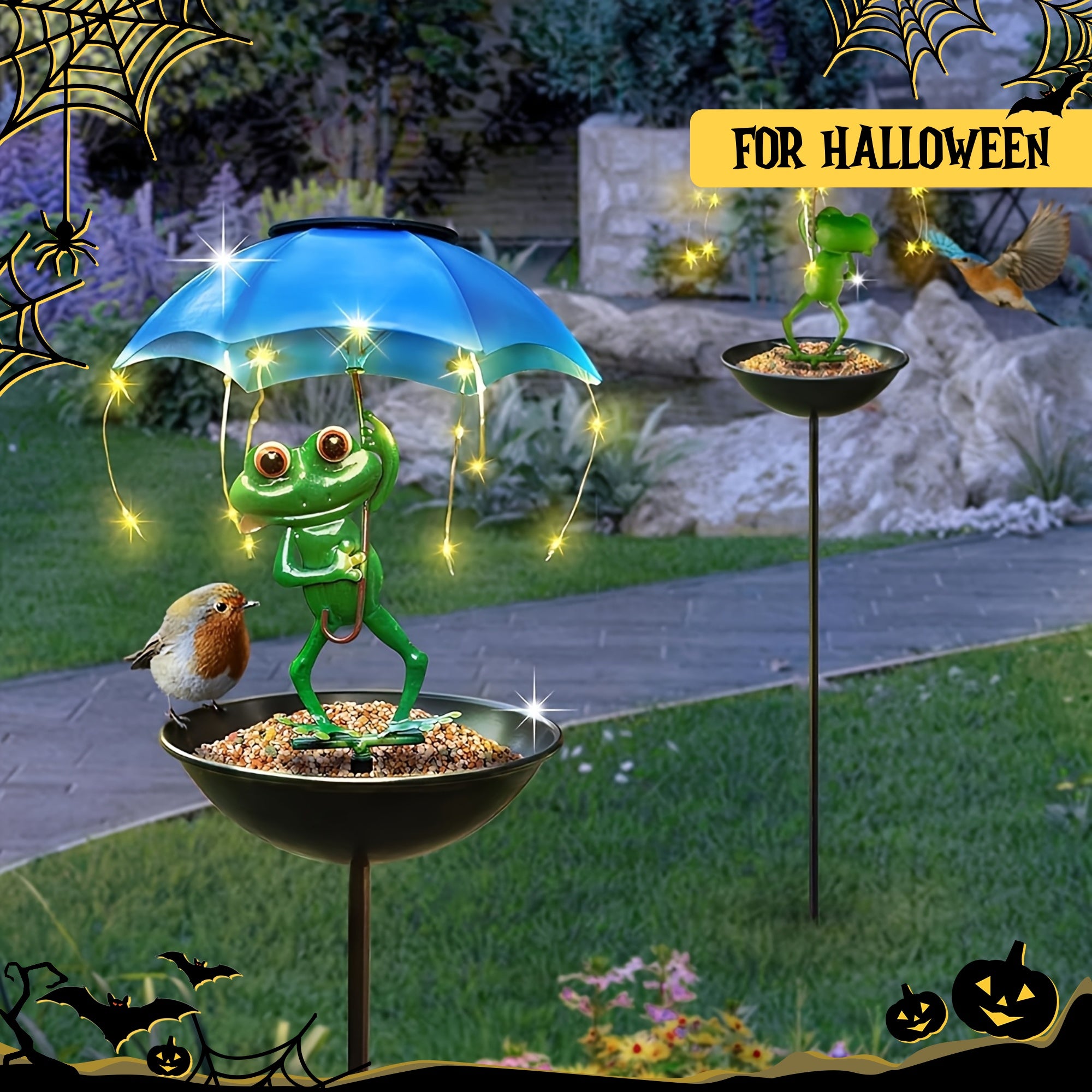One Frog Statue Solar Street Light, Outdoor Hummingbird Feeder, Garden Decorative Lighting with String Lights, Perfect for Courtyard Paths, Lawns, Patio Street Lights, Essential Decoration for Halloween and Christmas