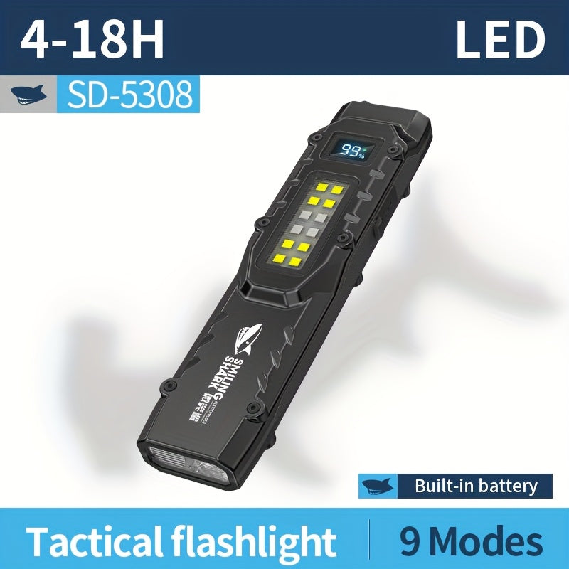 SMILING SHARK SD5308 Flashlight, LED Flashlight, COB High-Brightness Floodlight, Tail Portable Switch, 9 Modes, Type-C Charging, Digital Battery Level Indicator, Pocket Clip, Perfect for Outdoor Hiking, Work, Search, Exploration & Home Use