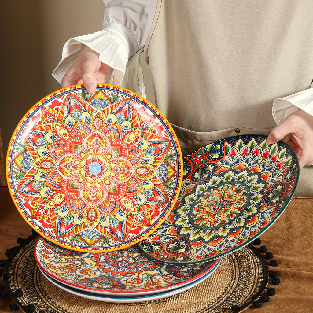 10.5-Inch Ceramic Plates, Home & Restaurant Ceramic Dinnerware – Perfect for Steak, Pasta, Fruit, Bread – Bohemian Style Ceramic Dinnerware Set – Microwave & Oven Safe