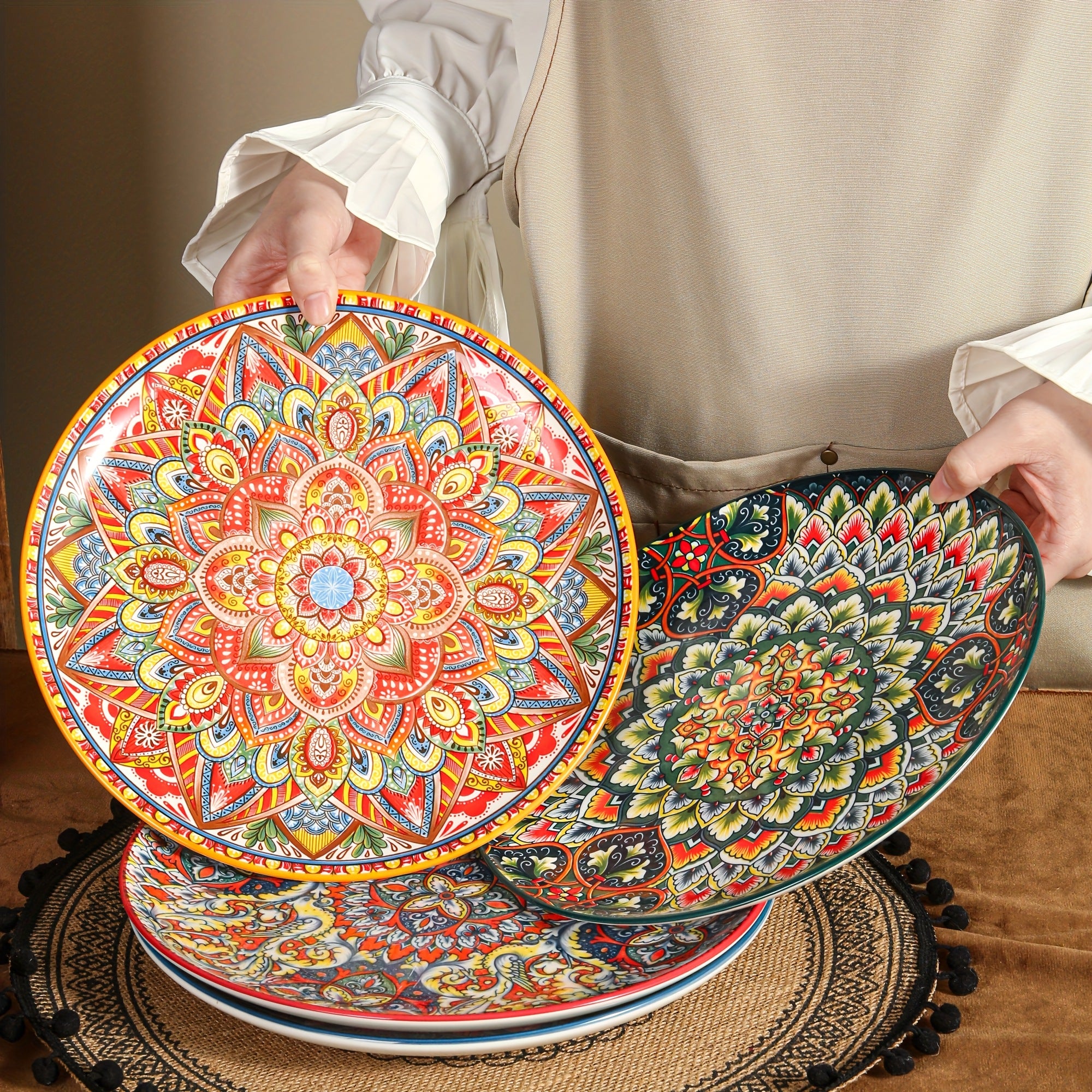 10.5-Inch Ceramic Plates, Home & Restaurant Ceramic Dinnerware – Perfect for Steak, Pasta, Fruit, Bread – Bohemian Style Ceramic Dinnerware Set – Microwave & Oven Safe