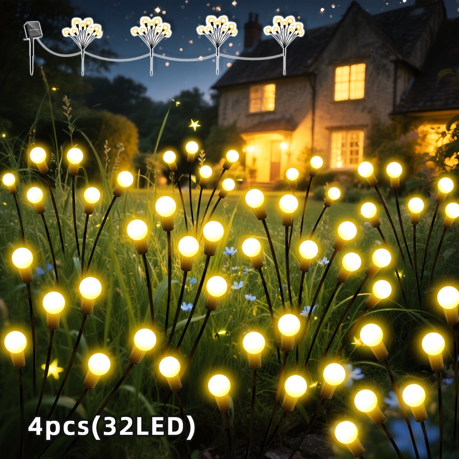 4pcs,32LED 太阳能花园草坪装饰灯，户外闪烁萤火虫灯，8种灯光模式，随风摆动-IPX4仙女灯串，适用于花园、庭院、小径、草坪、景观照明、露台装饰
