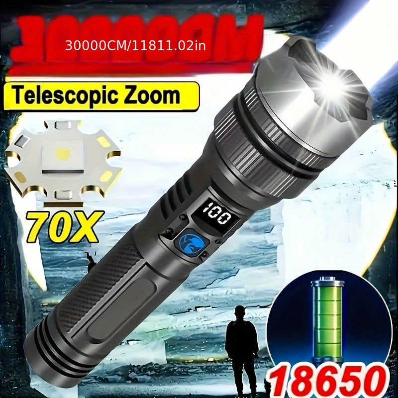 High-Power Digital Flashlight with Rechargeable & Zoom Functions, Ideal for Lighting Furniture & Kitchen Areas, as well as Emergency Situations, IP44 Waterproof Rating