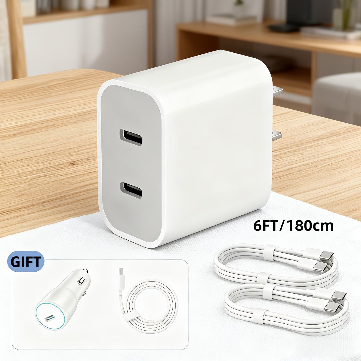 Fast Charger for Iphone 17/16/15 Pro Max, Featuring a 20+20W Dual USB-C Quick Wall Charger, Two 6Ft/180Cm Long Type-C Cables, And a Foldable Double Port USB C Fast Charging Option for Iphone 15/16/17/Ipad, Plus a Complimentary Car Charger
