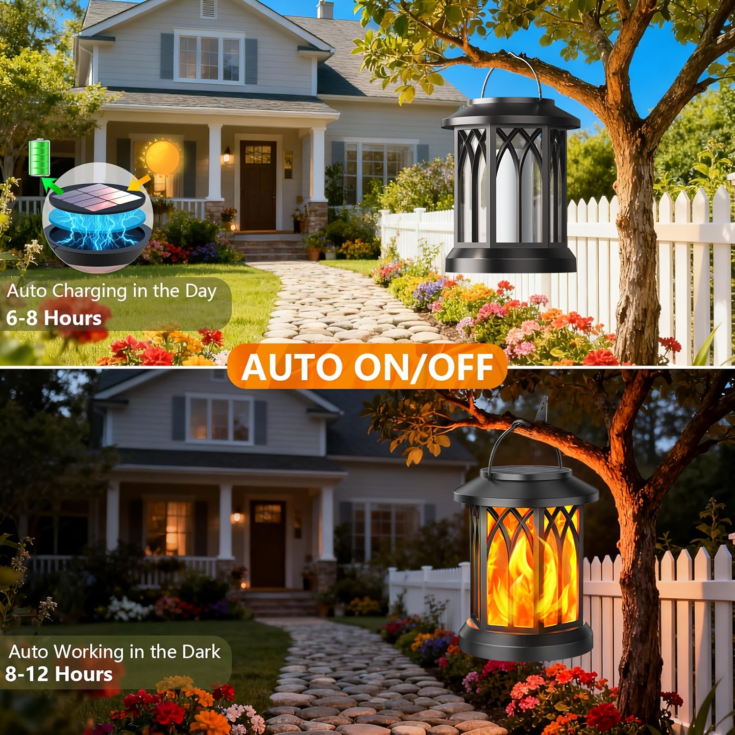 Flickering Flame Solar Hanging Light, Upgraded 2/4-Pack Outdoor IPX5 Waterproof Solar Light, Hanging Decorative Light, Automatic On/Off Solar Light for Courtyard, Patio, Path, Tree, Garden Decoration, Women's Holiday Gift