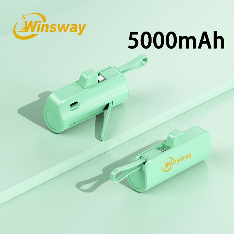 WINSWAY雙口5000毫安膠囊迷你口袋移動電源，便攜快速充電無線手機支架充電器，附Type-C資料線，支援同時為兩部手機充電，相容安卓、三星等裝置，適合旅行、飛機及假日使用。是送給愛美女友的必備好禮