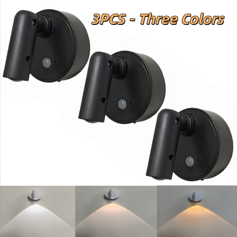 Modern style round sensor wall light, ambiance spotlight, LED wall light set (3-pack) - 350-degree rotatable indoor lighting lamp, three-color dimmable + RGBW multiple colors, Type-C charging + large capacity battery