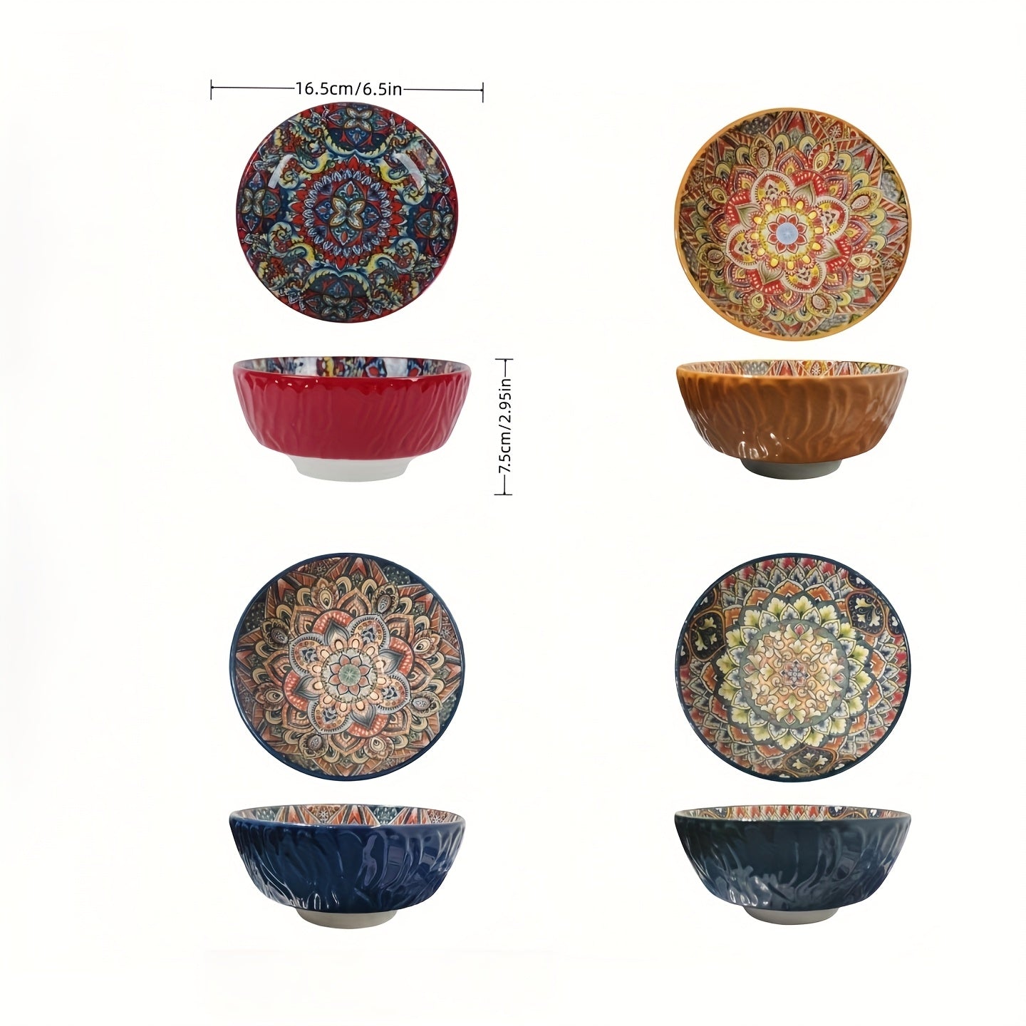 4-Piece Bohemian Style Ceramic Bowl Set, 6.5-Inch, Pattern Design, Striped Salad Bowl, Multi-Purpose – Perfect for Cereal, Soup, Oatmeal, Pasta Bowl, Large Salad Bowl