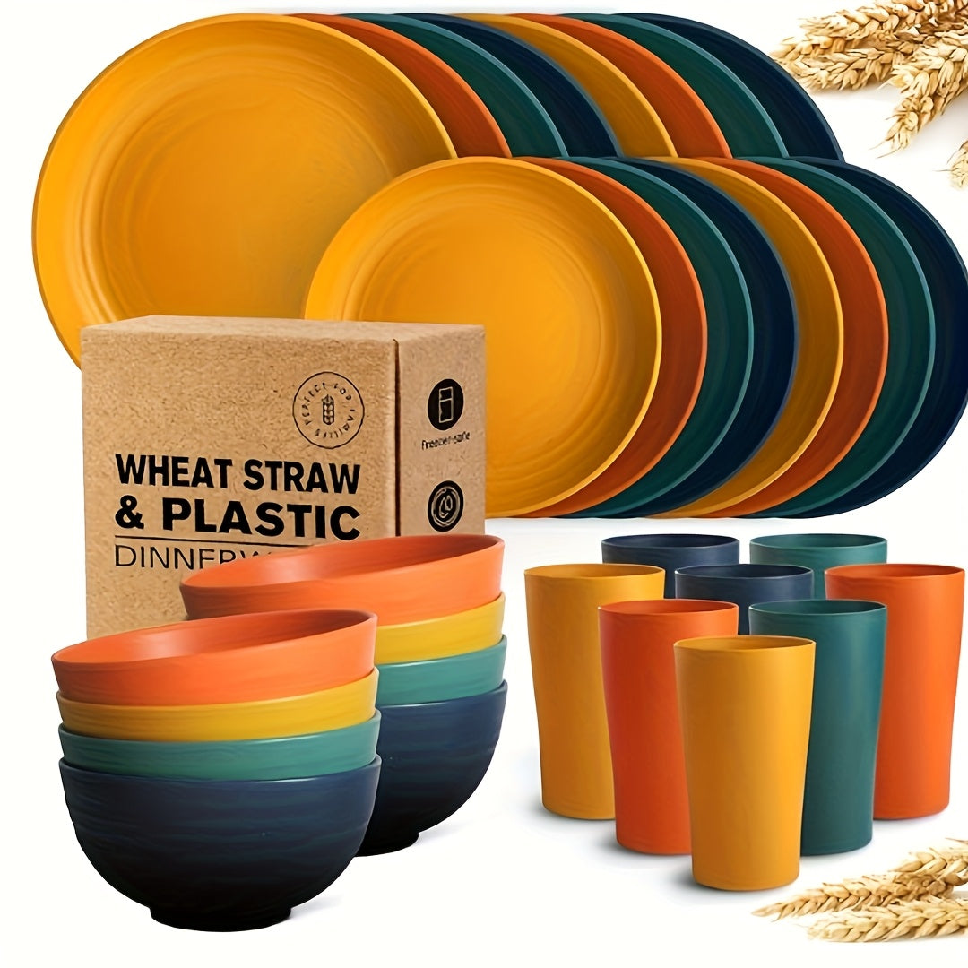 16/32Pcs Wheat Straw Plastic Tableware Set 4/8 Person Unbreakable Dinner Plate Dessert Plate Cereal Bowl Cup Outdoor Camping Family Birthday Party Tableware
