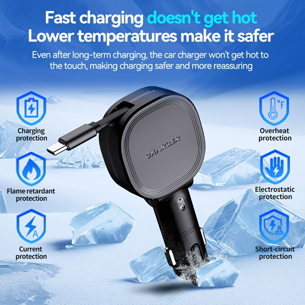 SAN.COMO Dual-Port Car Charger with Retractable Type-C Cable (70cm / 27.55 Inches), Supports 45W Maximum Power Output, Fast Charging, Extended USB-A Port, Overvoltage Protection, an Efficient In-Car Charging Companion, Suitable for iPhone and Various