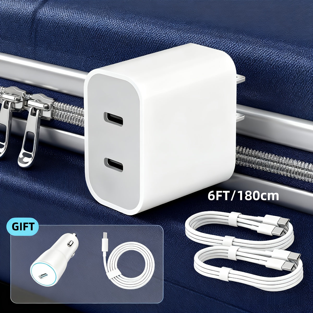 Fast Charger for Iphone 17/16/15 Pro Max, Featuring a 20+20W Dual USB-C Quick Wall Charger, Two 6Ft/180Cm Long Type-C Cables, And a Foldable Double Port USB C Fast Charging Option for Iphone 15/16/17/Ipad, Plus a Complimentary Car Charger