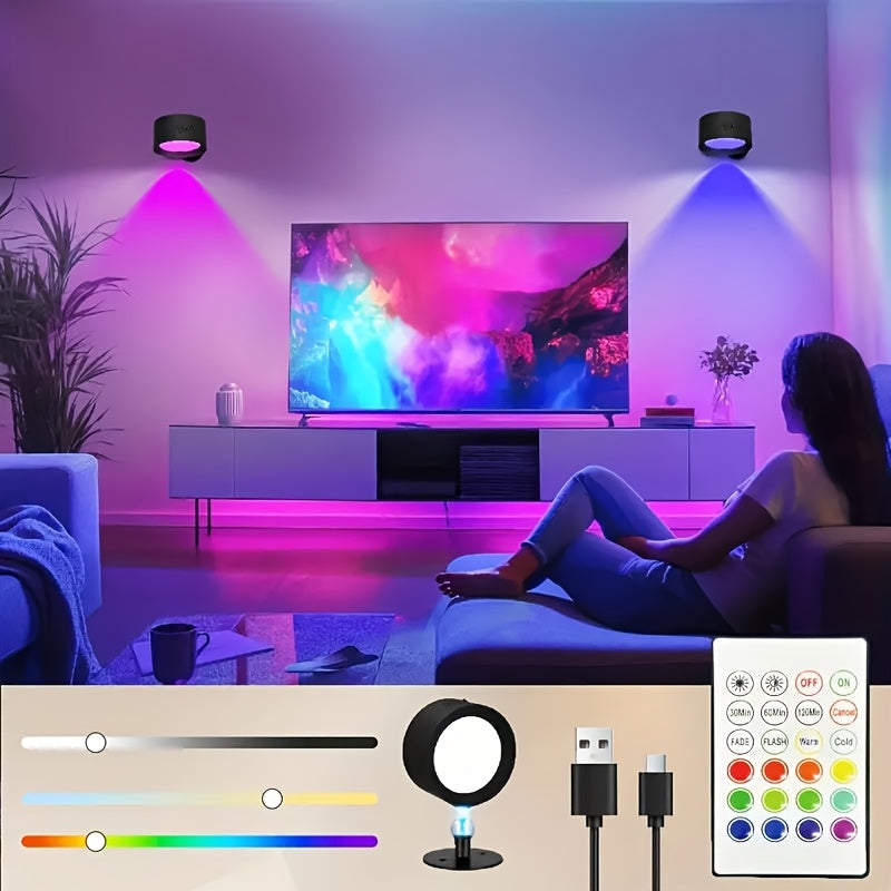 Smart RGB Ambient Wall Light, Remote and Touch Dimming, 12 Colors and 6 Brightness Levels, Rechargeable Magnetic 360° Rotation, Cordless Lighting for Living Room, Bedside, Hallway (Remote Control Battery Not Included)