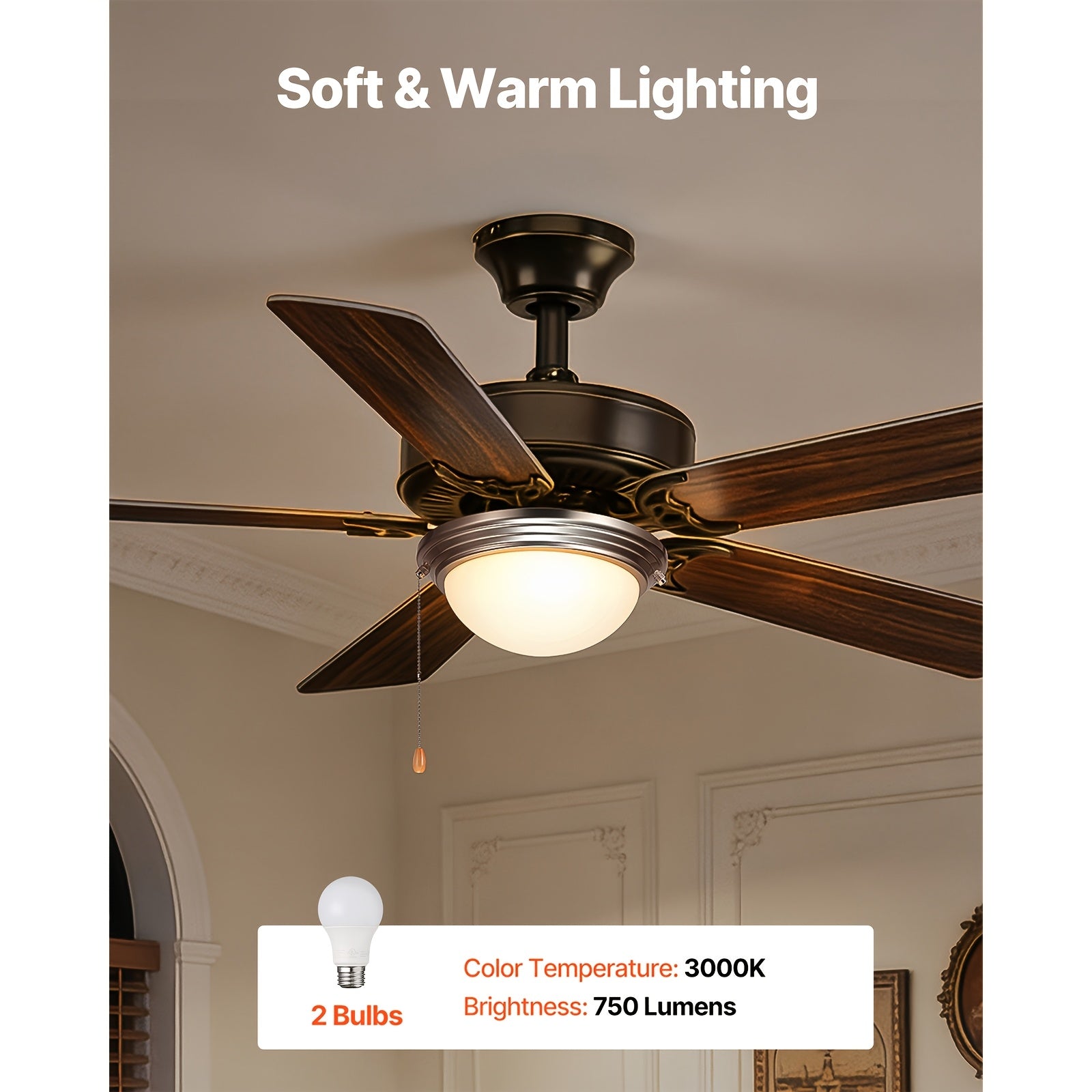Ceiling Fan Light 1Pc Dome Pull Chain Style 750lm 110V Plug-Free S001 All Site Available