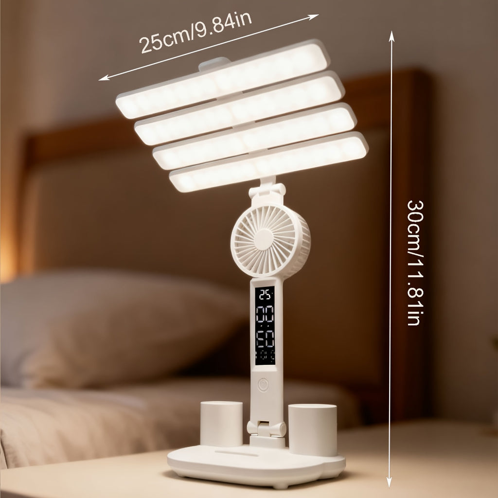 Multifunctional Folding Study Desk Lamp for Students, Built-in Fan, Clock & Temperature Display, Dual Pen Holder Storage, Phone Stand, Dimmable Eye-Caring Table Lamp, USB Powered