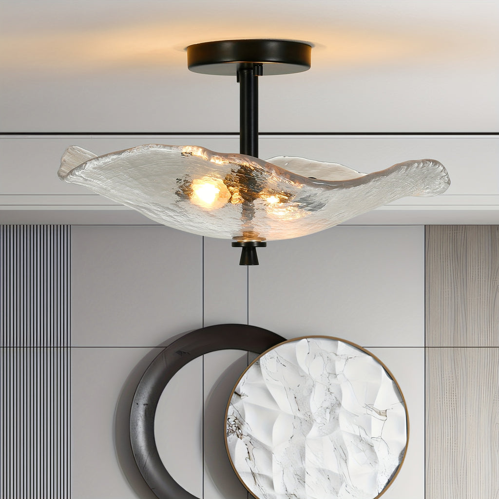16.5-inch modern semi-flush mount ceiling light (black), water lily-shaped dual-light ceiling light, elegant near-ceiling lighting, with clear glass lampshade, suitable for bedroom, dining room, entryway and bathroom (E12 base, bulb not included)