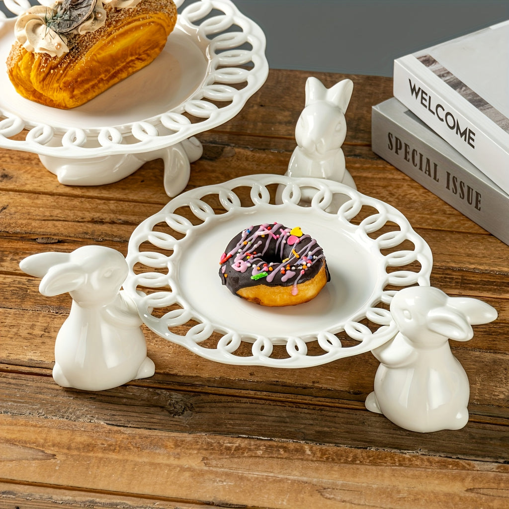 Ceramic Rabbit Cake Tray Dessert Stand Deep Fruit Plate, Ideal for All Kinds of Party Snack Trays, European Creative Decorative Storage Display Pierced Tray/ Fr: Plat à gâteau en céramique lapin, Support à desserts, Plat profond à fruits