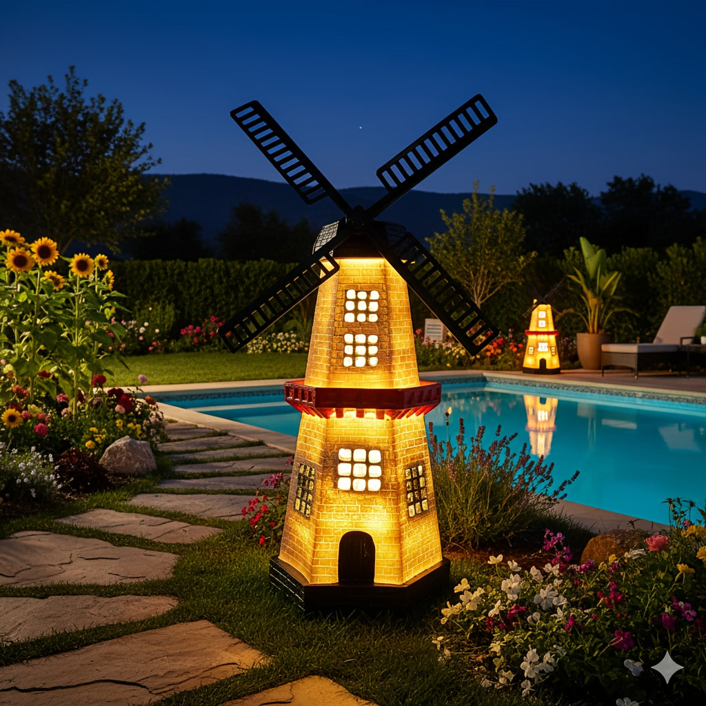 One Piece Windmill Lighthouse Statue Light, Solar Powered Glowing Lighthouse-Like Decorative Ornament with Windmill, Perfect for Outdoor Courtyard Patio Lawn Pathway Garden Tabletop Festival Decoration Ornament Christmas