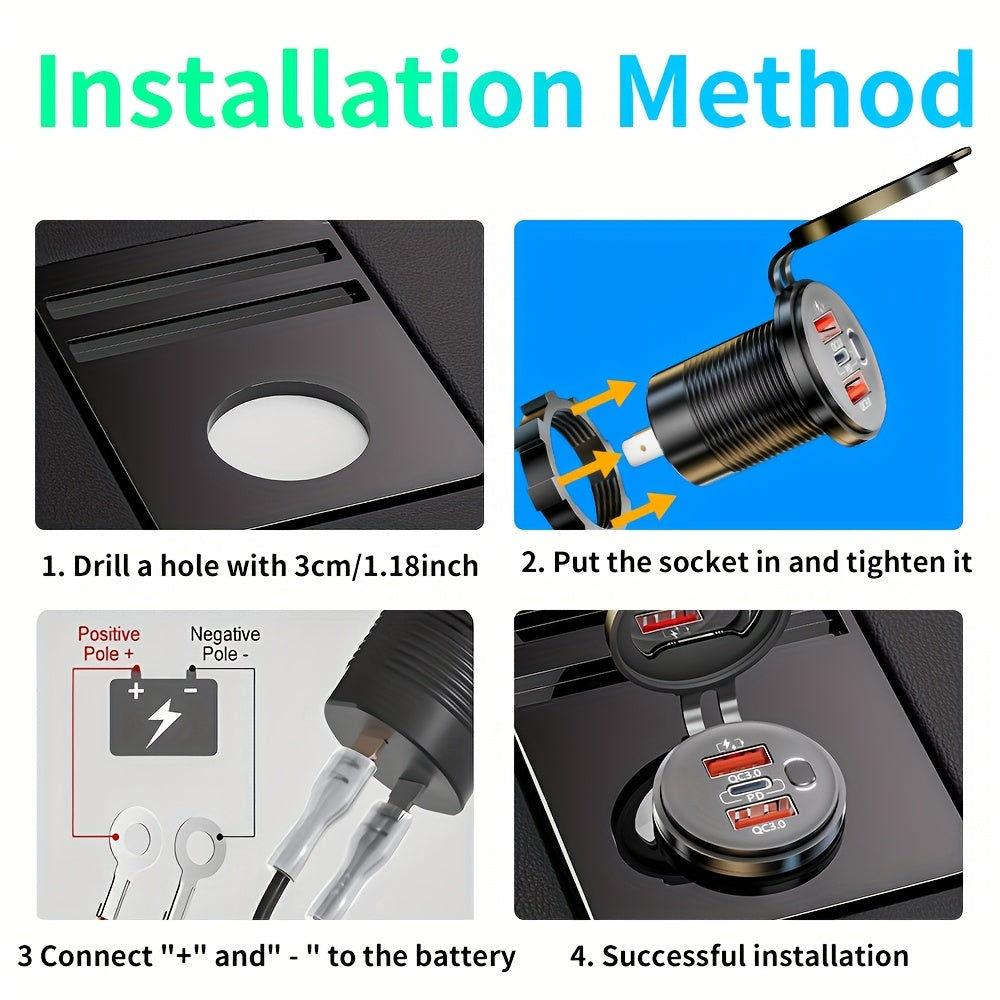 Versatile Car Charger - Features a Switch, Compatible with 12V/24V for Vehicles, Boats, Motorcycles, And Rvs - Portable, Includes Installation Tools|Stylish Design|Includes Voltmeter, Socket for Boat Charging, No Battery Included