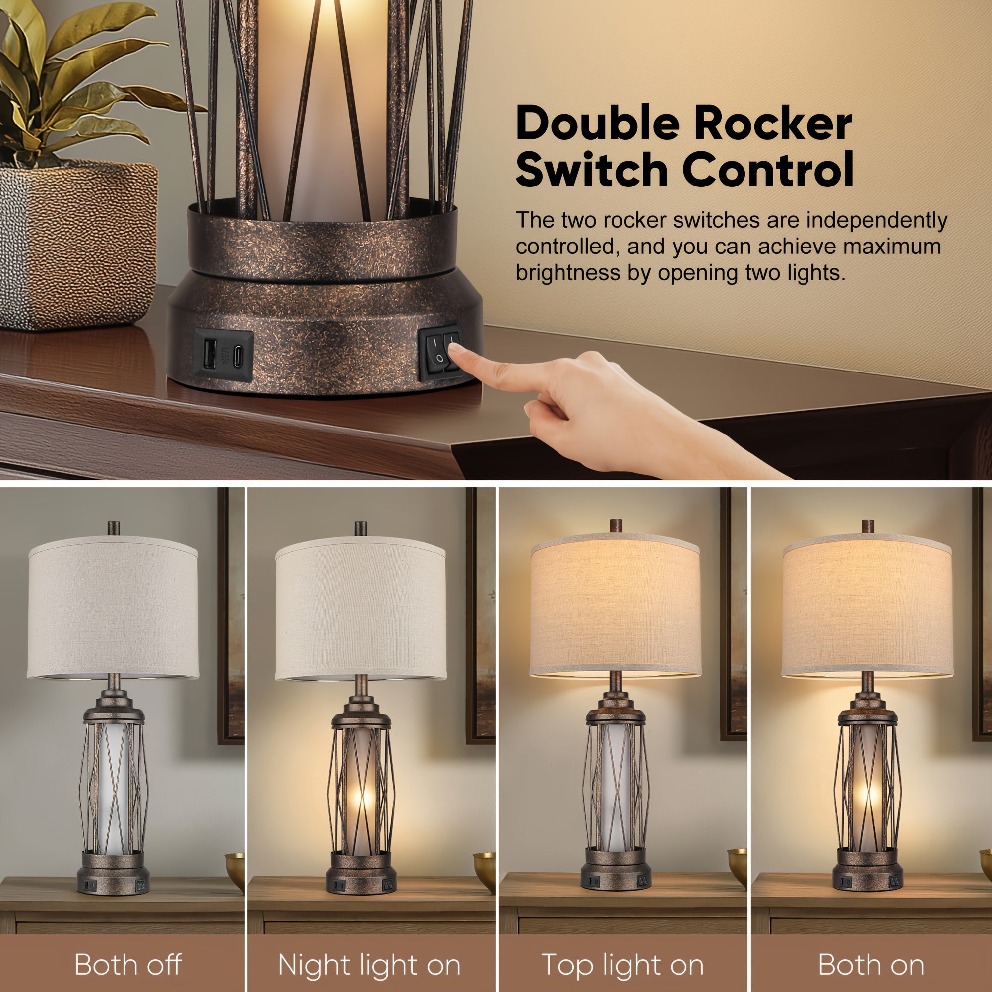 Farmhouse table lamp for living room, bedroom rustic nightstand lamp with USB C+A charging port, built-in frosted glass night light for entryway coffee table, includes 4 bulbs, bronze, suitable for Christmas and Halloween