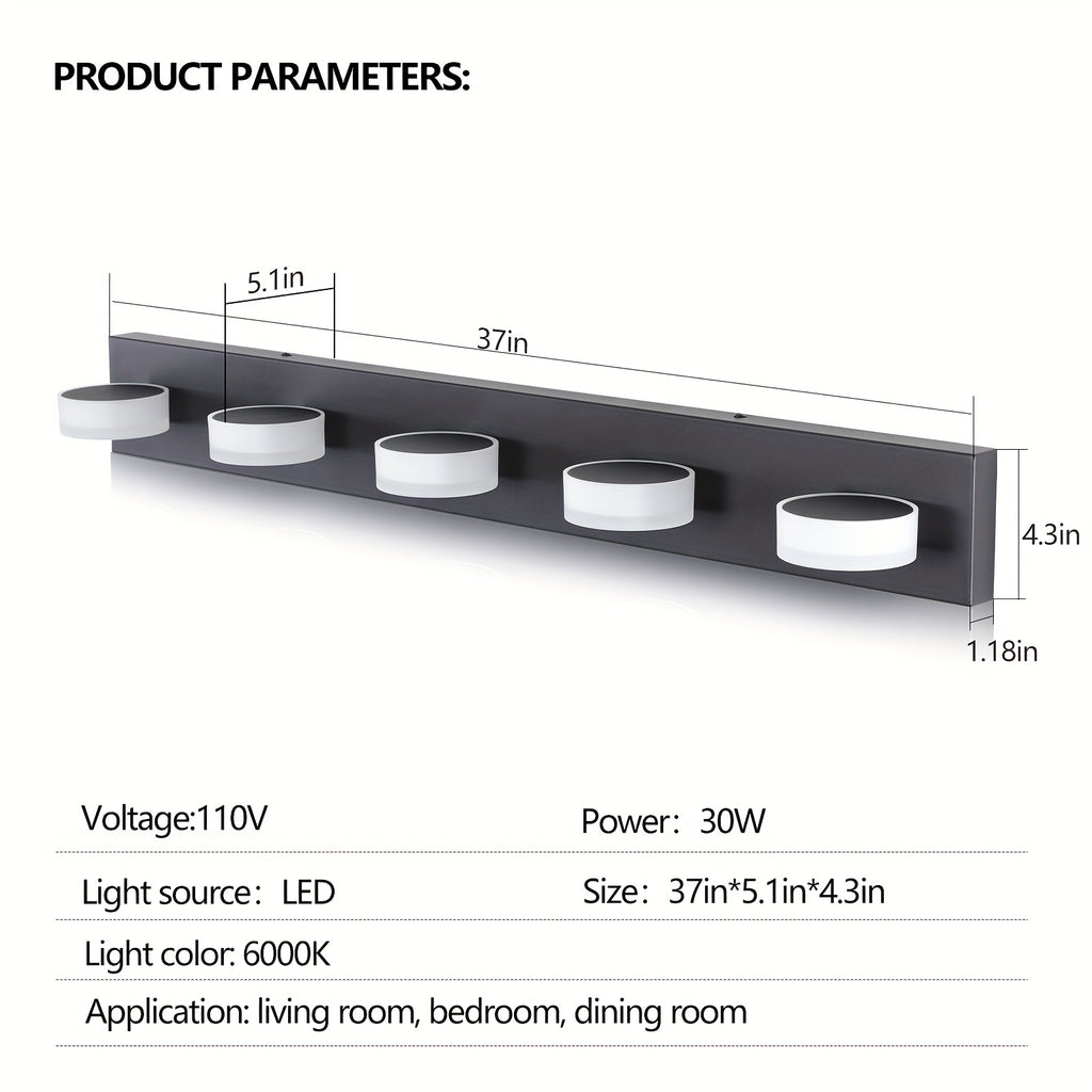 37-Inch 5-Light Bathroom Vanity Light, Elegant Modern Bathroom Wall Light, 360° Rotatable Vanity Light, with LED Light Source and Acrylic Shade, Dimmable, Suitable for Bathroom, Living Room, Bedroom (Black)