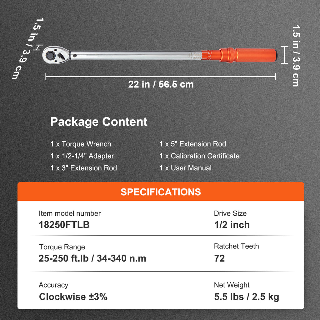 VEVOR Torque Wrench, 1/4“ / 3/8” / 1/2“ Drive Click Torque Wrench 10-80 ft-lbs / 20-200 in-lbs / 25-250 ft-lbs 3-23 Nm / 34-340 Nm / 14-110 Nm, Dual-Direction Adjustable Torque Wrench Set