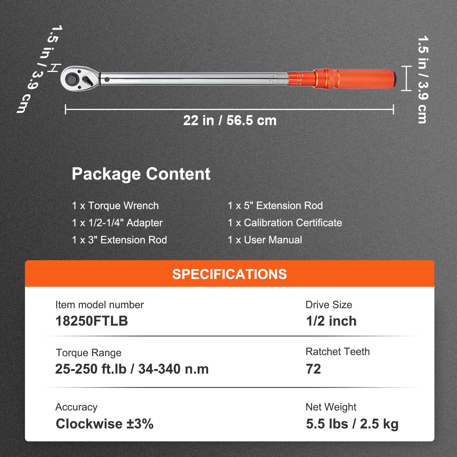 VEVOR Torque Wrench, 1/4“ / 3/8” / 1/2“ Drive Click Torque Wrench 10-80 ft-lbs / 20-200 in-lbs / 25-250 ft-lbs 3-23 Nm / 34-340 Nm / 14-110 Nm, Dual-Direction Adjustable Torque Wrench Set
